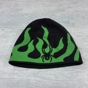 Vintage Y2K Spyder Flames Beanie Adult Green Black Knit Spyder Logo Winter Hat